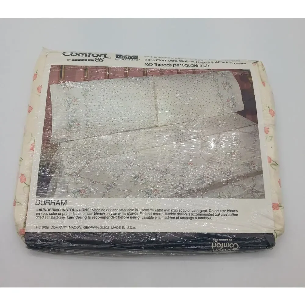 VTG Cotton Comfort by Bibb Twin Fitted Sheet No Iron Floral Tulips Cream Durham